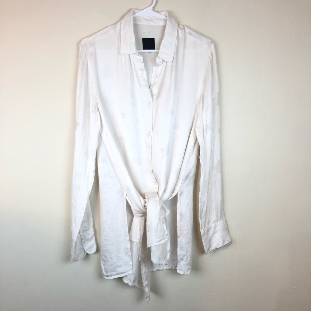 R+A Silk Star Button Down Long Sleeve Blouse White
